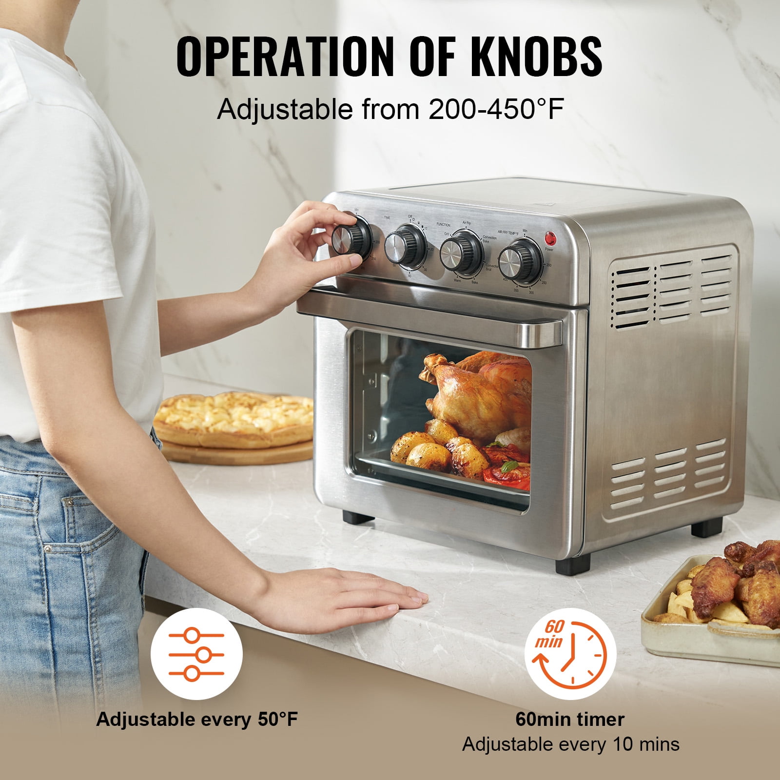 KFFKFF Multi-Use 18L Air Fryer Oven, 1700W, Stainless Steel, with Accessories Including Grill and Pizza Pan, Gloves, Accommodates 6 Toasts or 12-inch Pizza, Ideal for Home and Commercial Use