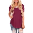 thumbnail image 4 of Cuello en V de punto de color sólido top de gran tamaño suelto de manga corta camiseta de mujer Eccomum Azul joya XXL, 4 of 5