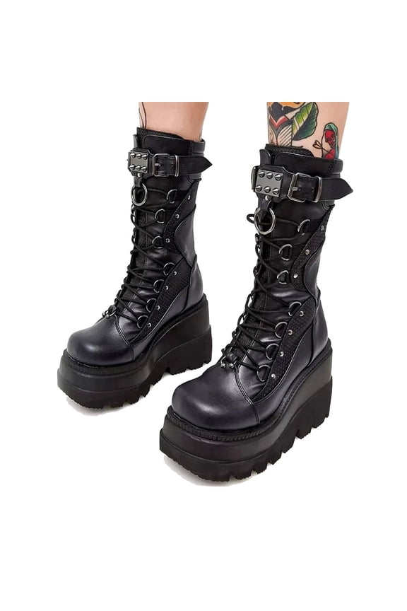 Goth Punk Platform Mid Calf Boots for Women's Chunky High Heel Booties Round Toe Combat Boot Womens Lace Up Motorcycle Wedges Boots (8, Black)