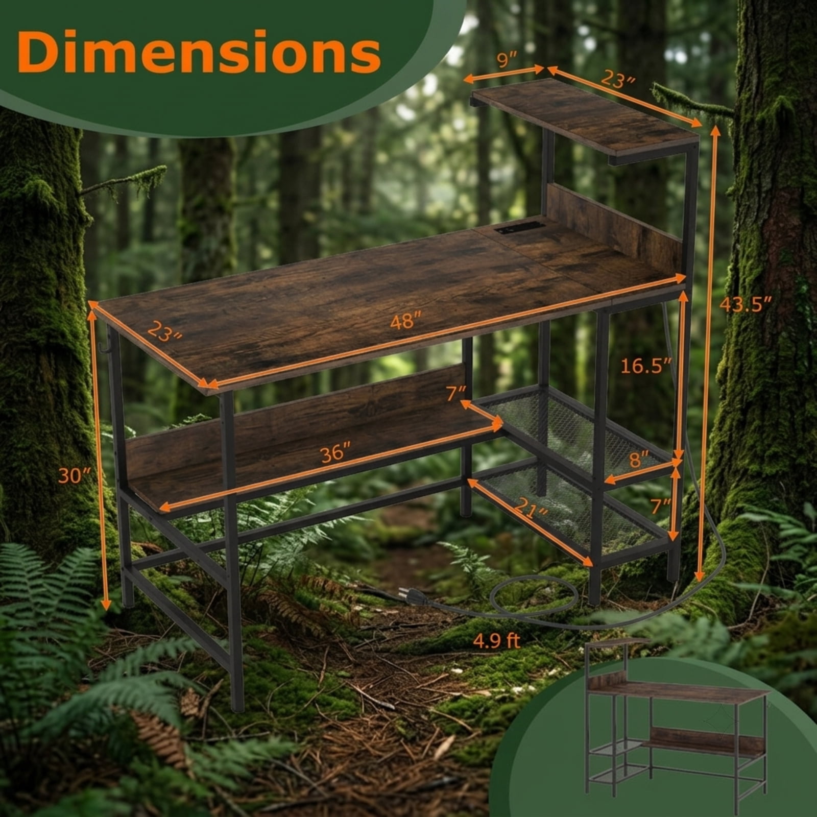 Furnibear 48 Inch Computer Desk Home Office Desk with Power Outlets and Storage Shelves for Study Workspace, Rustic Brown