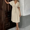 thumbnail image 5 of Ruched Dresses for Lady Women's V-Neck Summer Dress Linen Tunic Casual Dress Loose Short Sleeve Midi Long Beach Travel Dress Beige L, 5 of 9