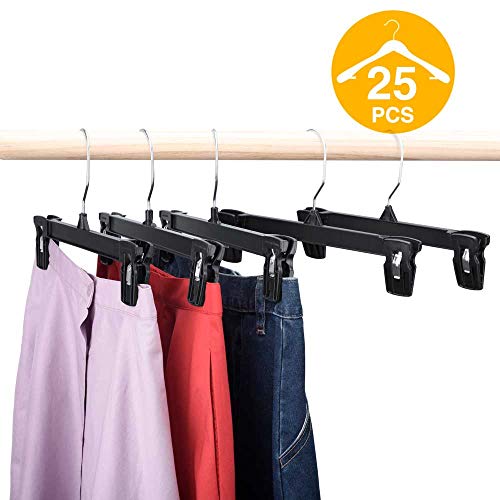 Durable Sturdy Plastic HOUSE DAY Pants Hangers 25 Pcs 12inch Black Plastic Skirt Hangers with Non-Slip Big Clips and 360 Swivel Hook Space-Saving Shape Elegant for Closet Organizing