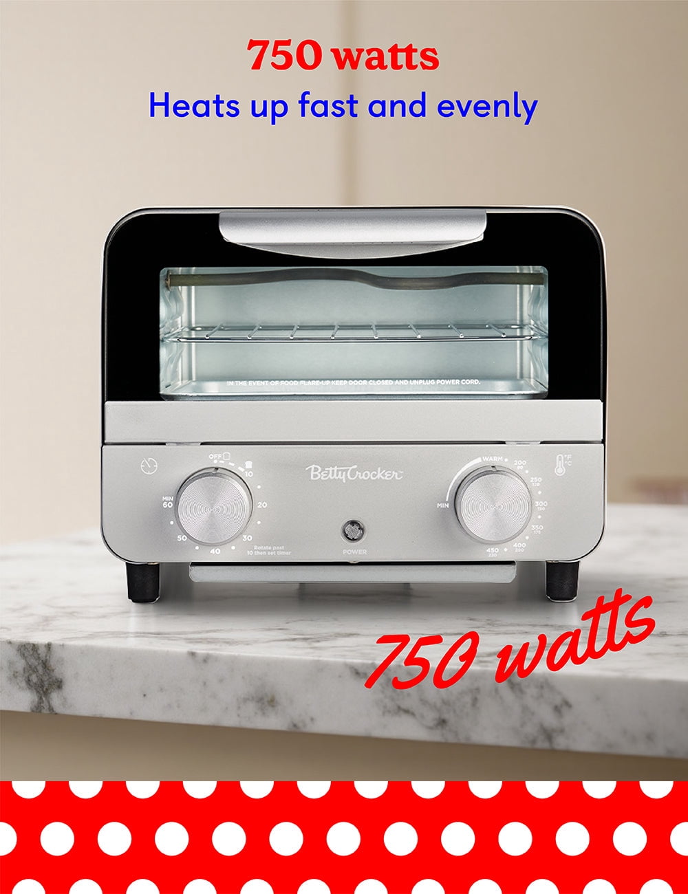 Betty Crocker Mini Toaster Oven, Compact Countertop Oven for Dorms, RVs, Apartments, 7-Liter Capacity, 750W, Adjustable Timer, Includes Baking Tray & Rack, BC-5629S, Gray/Black