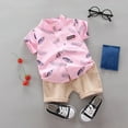thumbnail image 2 of Tfken Toddler Baby Boys Outfits Sets Cute Charming Lapel Neck Feather Print T-Shirts Shorts Size 2 Years-3 Years Outfit Set Pink, 2 of 7
