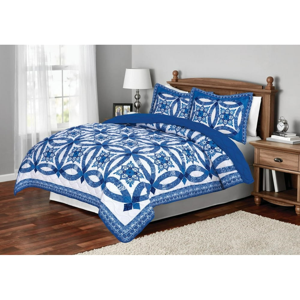 Mainstays Traditional Wedding Ring Patterned Twin Quilt, Blue Walmart