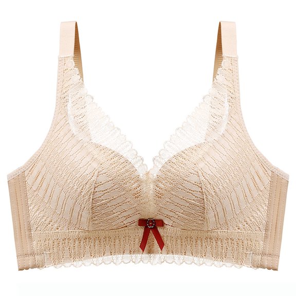 YUTK Bras for Women Wireless - Women's Solid Color Seamless Underwear without Steel Rims Detachable Chest Sagging Wave Pattern Bra Beige L