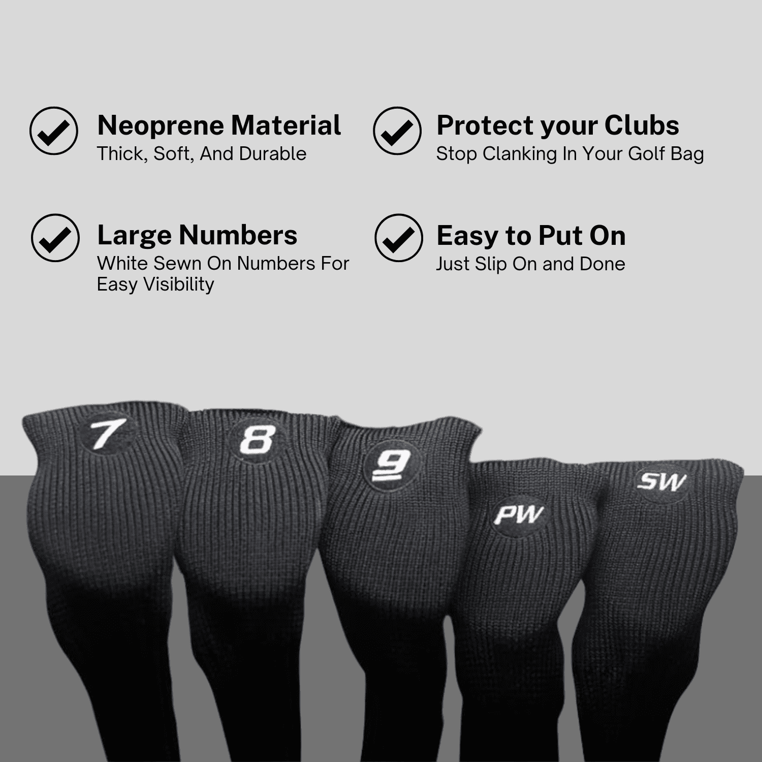 Majek All Hybrid Head Cover Golf Club Black Sleek Tight Fit Headcover Set 7-SW Acrylic Head Covers 7 8 9 PW SW Easy to See Large White Embroidered Numbers