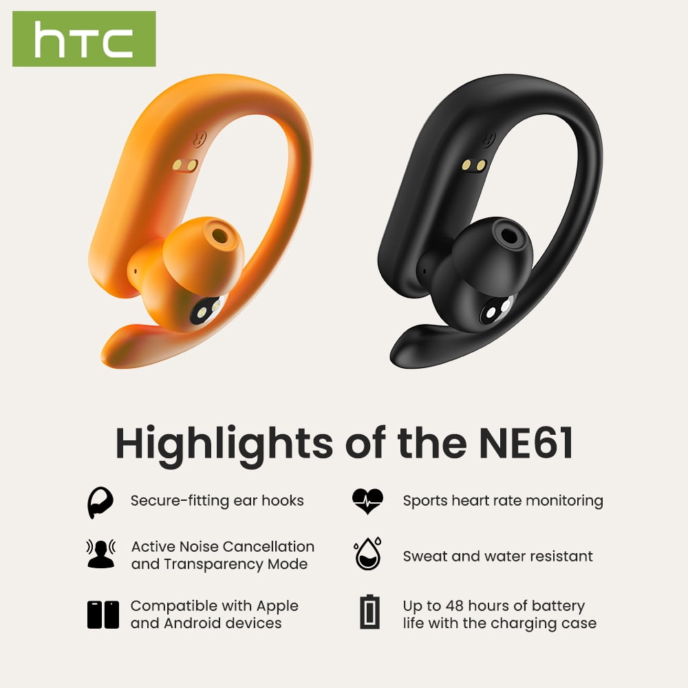 HTC NE61 Heart Rate Wireless Bluetooth 6.0 Open in-Ear Earbuds, AI Translator, Noise-Cancelling Headphones, 130+ Languages,Orange