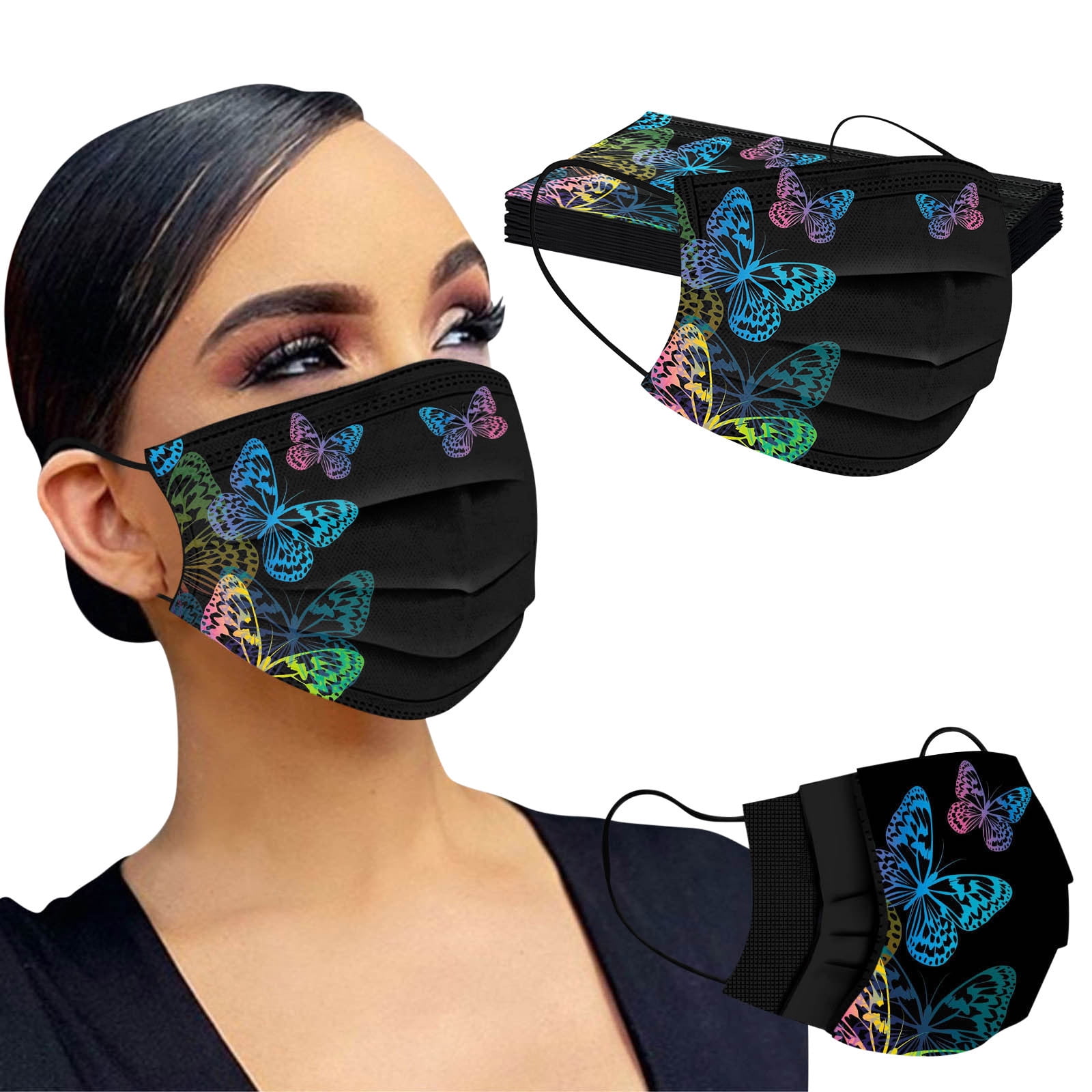 50Pc Black Disposable Face_Masks Adults 3 Ply Butterfly Patterned Protective Breathable Face_Masks Outdoor Party 
