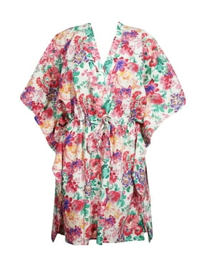 Mogul Women Beautiful Floral Tunic Dress Cotton Kimono Sleeves V-Neck Loose Kaftan Beach Cover Up Short Caftan Dresses 3X