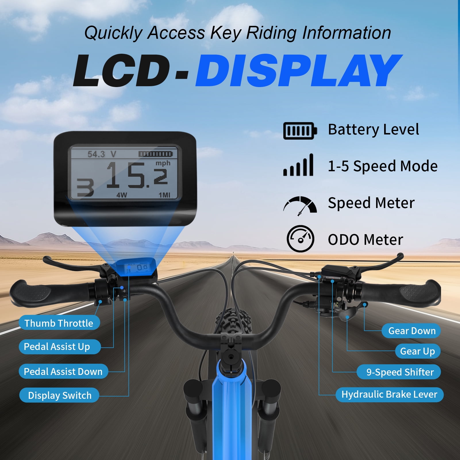 26" 52V 1000W Fat Tire Electric Bike, 15Ah Battery, 28MPH, 65+ Miles Range, 9-Speed, LCD Display - Adults Electric Bicycle Blue