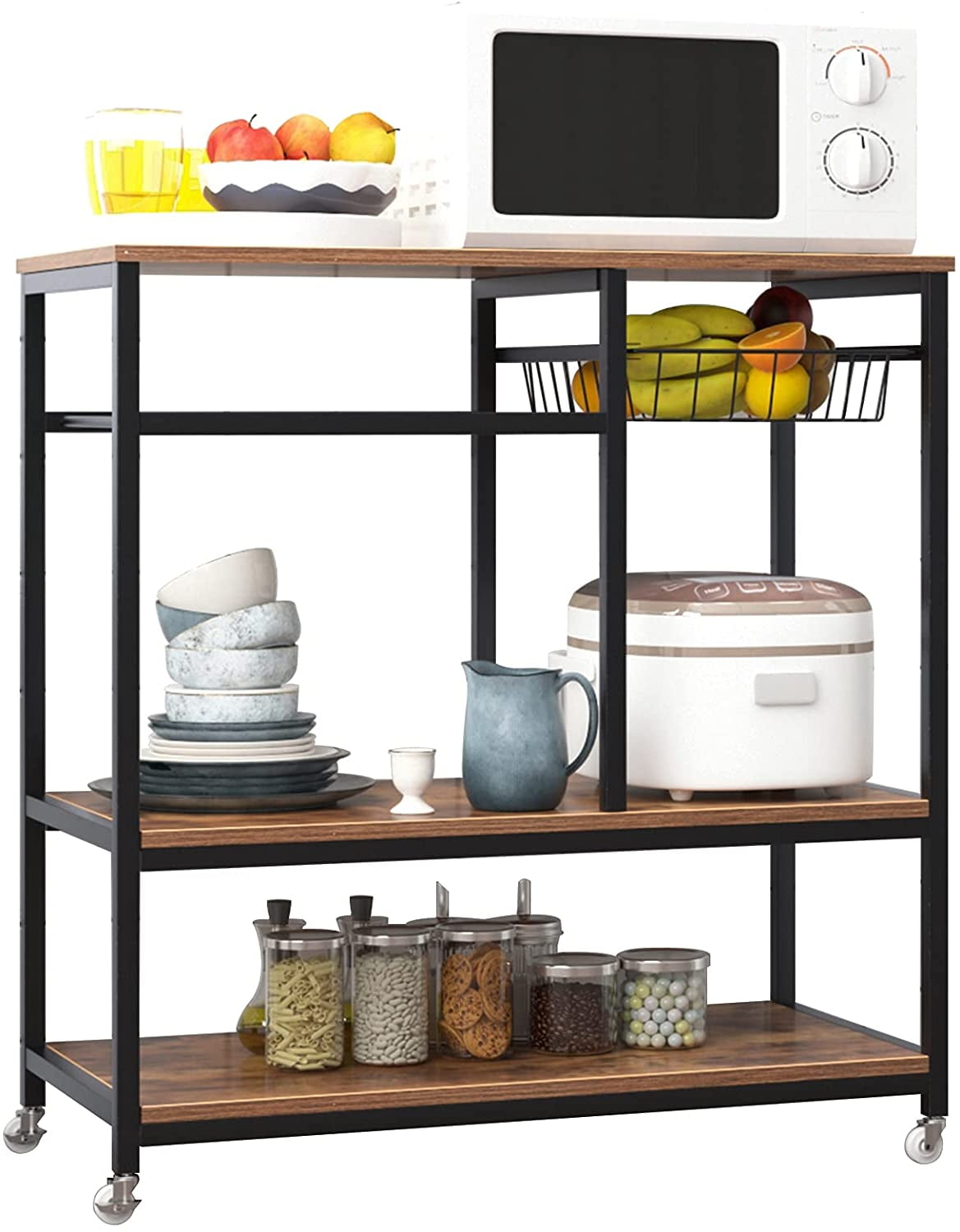 Microwave Carts for Kitchen with Storage 3 Tier Rolling Bakers Rack Utility Kitchen Serving Cart