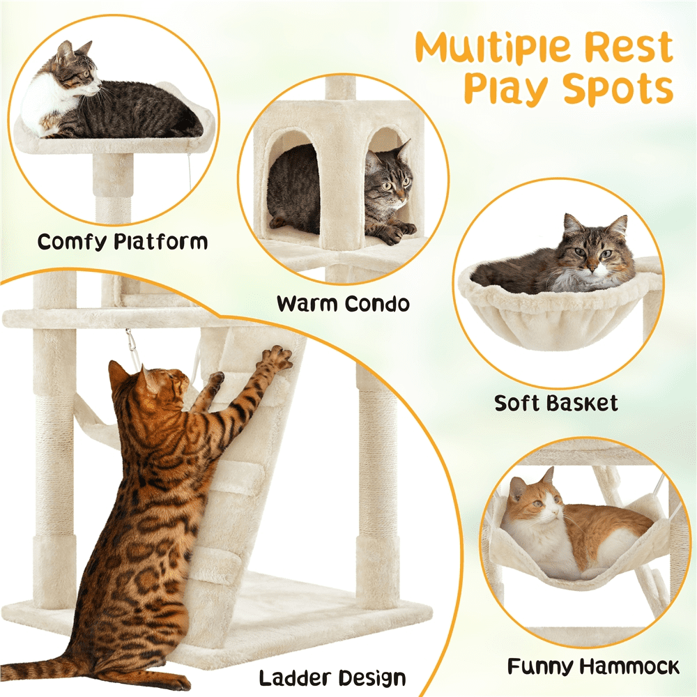 Alden Design 54" Cat Tree with Hammock, Basket and Scratching Post Tower, Beige
