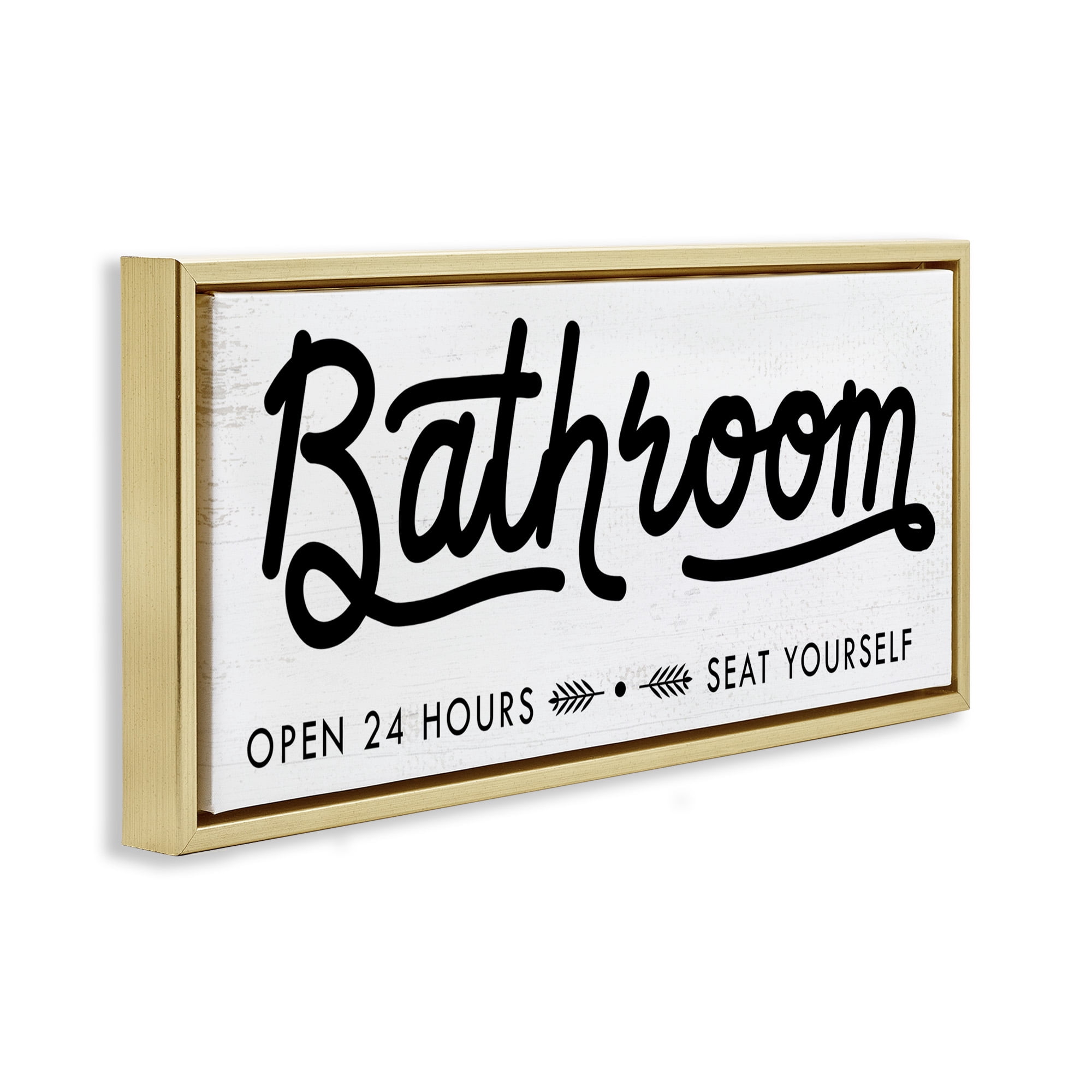 Stupell Industries Seat Yourself Bathroom Sign Typography Painting Gold Floater Framed Canvas Art Print Wall Art, 31 x 14