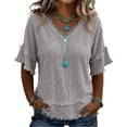 thumbnail image 2 of Stralyhd Cotton Linen Tops for Women 3/4 Sleeve Tops Casual V Neck Shirt Raw Edge Fashion Business Blouses 2026 Summer Outfits Purple L, 2 of 6