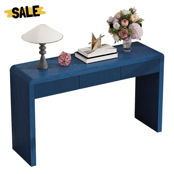 GZXS 55.1" Console Table with Storage Drawers, Rustic Solid Wood Veneer Entryway Table in Fluted Design, Farmhouse Hallway Sofa Table for Home Decor (Navy)