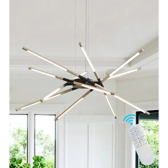 Q&S Modern Chandelier,Farmhouse Mid Century Industrial Oak White LED Sputnik New Art Lamp with Remote Control Dimmable Hanging Pendant Light Fixture for Living Room Dining Room Kitchen Bedroom