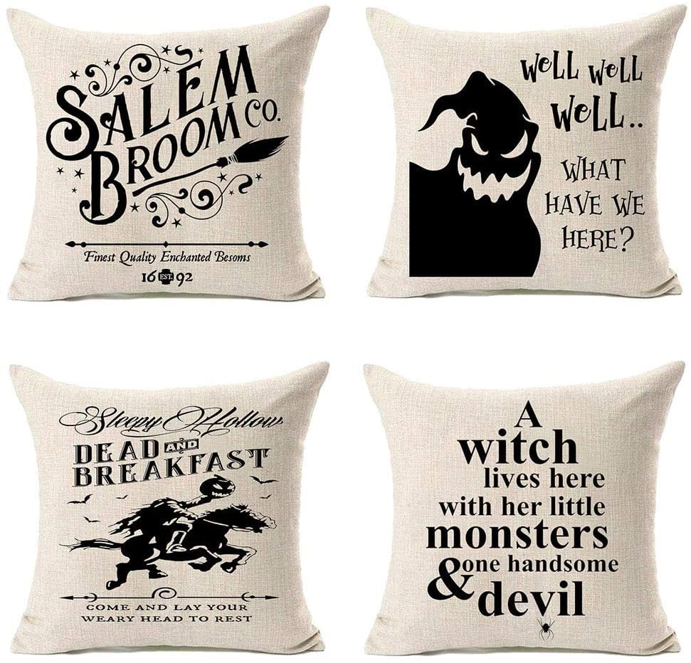 HOLICOLOR Halloween Throw Pillow Covers 18x18 Inch Set of 4 Halloween Decorations Trick or Treat Black and White Buffalo Plaid Pumpkin Pillowcase Hat Linen Cushion case for Sofa and Home Decor