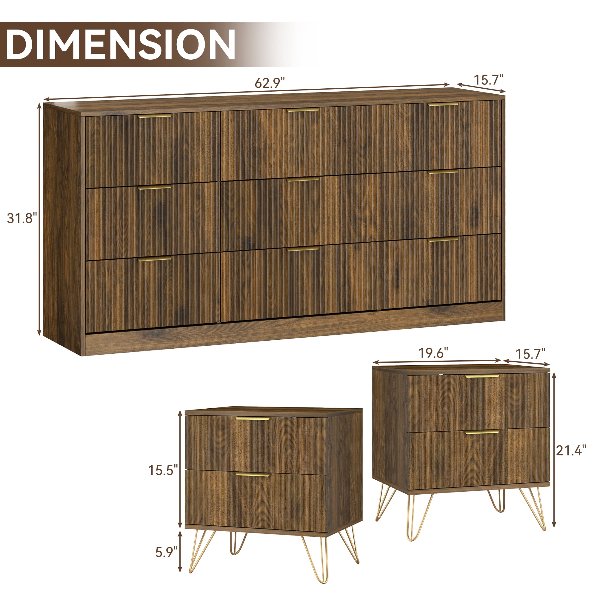 YouTrend 9 Drawer Dresser and Nightstand Sets for Bedroom,3 Piece Bedroom Dresser Set,Fluted Dressers and Nightstands, Modern Bedroom Set, Burlywood