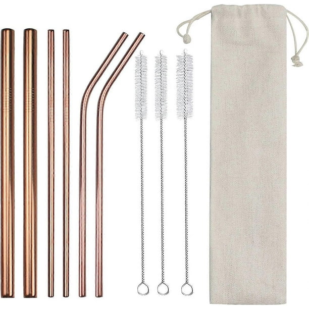 10 Pcs Rose gold Reusable Metal Straws with Travel Case & Cleaning Brush 8.5" Stainless Steel Drinking Straw for 20 oz Tumblers Yeti - -