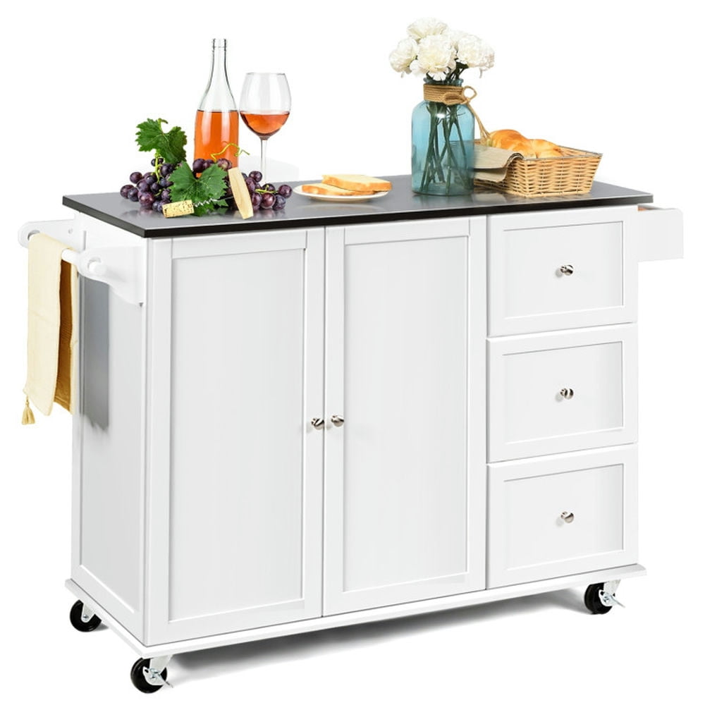 Finihen Rolling Storage Cabinet Cart, Kitchen Island Cart, Kitchen Island 2-Door Storage Cabinet with Drawers and Stainless Steel Top, for Kitchen, Dining Room, White