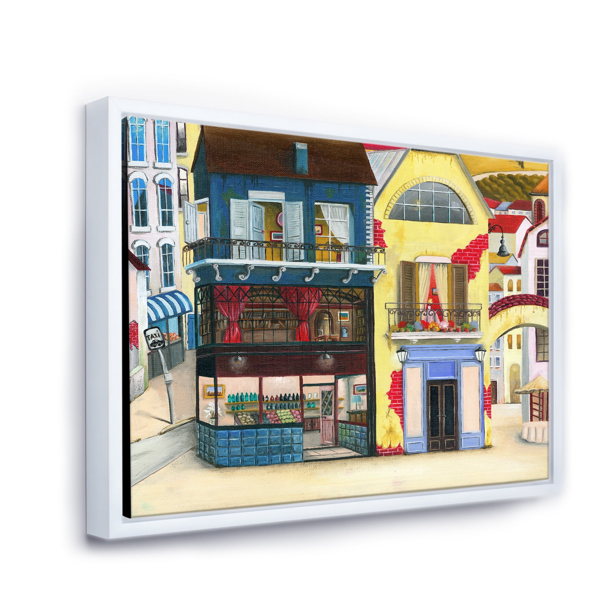 Designart 'The Colorful Facade of The Buildings In A Cozy Streets' French Country Framed Canvas Wall Art Print
