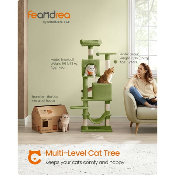 61 - Inch Grass Green Cat Tree for Indoor Cats. Plush multi - level cat condo has 5 scratching posts, 2 perches, 2 caves, a hammock & 2 pompoms.