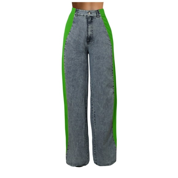 Summer Pants Women Summer Thin Patchwork Stripes High Waist Loose Jeans Color Block Wide Leg Denim Pants Women Dress Pants Purple M