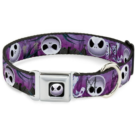 Disney Pet Collar, Dog Collar Metal Seatbelt Buckle, Jack Expressions Ghosts In Cemetery Purples Grays White, 9.5 to 13 Inches 1.0 Inch Wide