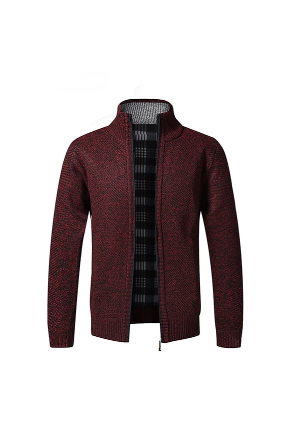 Sweater Cardigan Jackets for Mens Fall Winter Zipper Plaid Stand Collar Coat Patchwork Warm Slim Casual Outerwear with Pockets Wine 4XL