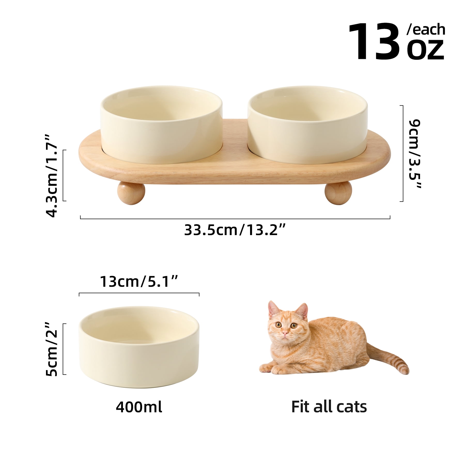 LarqeeWare Ceramic Elevated Cat Food and Water Bowl, Kitty Bowl, Raised Cat Dish, Pet Feeder (5.1 in, 2 x Light Yellow + Stand)