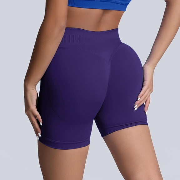 Yoga Shorts for Women Stretchy Slim Fit Solid Print Gym Shorts High Waist Seamless Lifting for Workout Wear Blue L