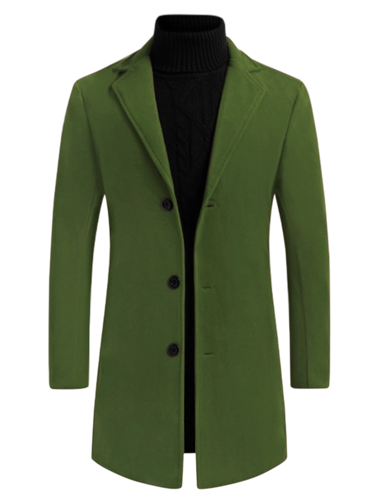 Unique Bargains Men's Slim Fit Notched Lapel Single Breasted Mid Length Overcoat M Green
