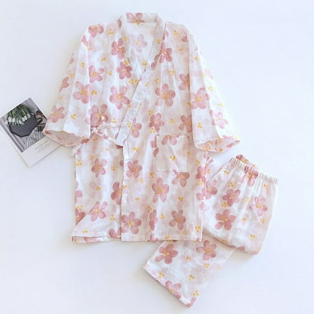 

CoCopeaunt Rose Printed Ladies Kimono Style Pajamas Set Loose Thin V-Neck Three-Quarter Sleeves Gauze Cotton 2Pcs Sleepwear Loose Homewear