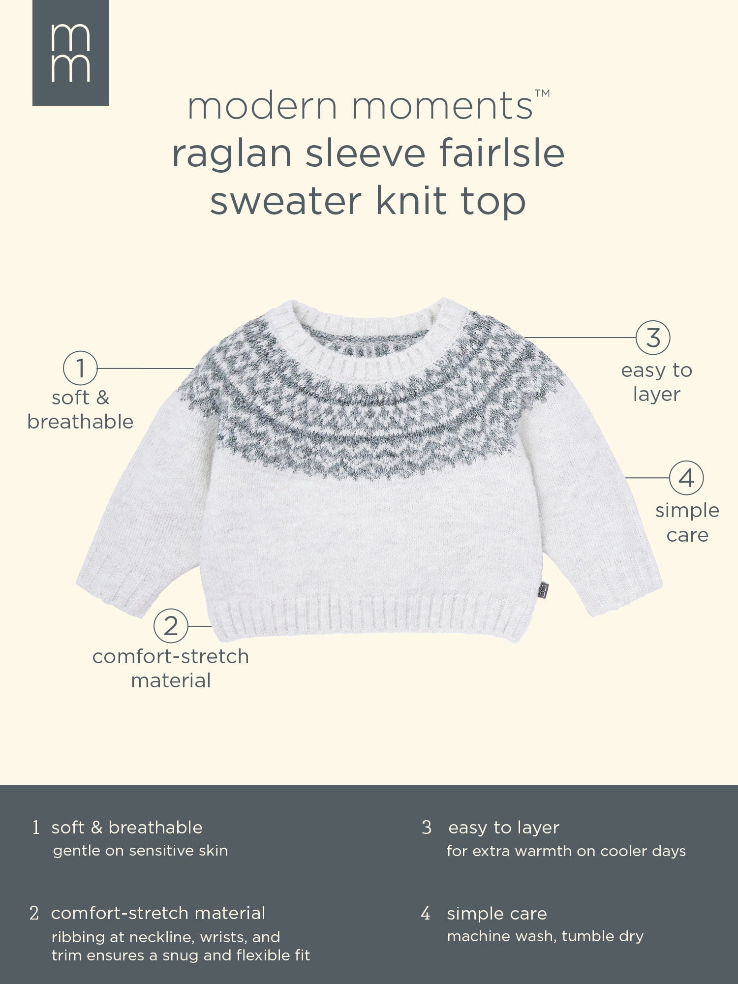 Modern Moments by Gerber Baby Boy Raglan Sleeve Fairsle Sweater, Sizes 0/3 Months - 24 Months