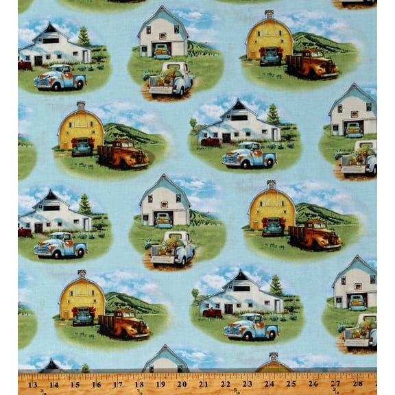 Cotton Vintage Trucks Farmhouses Homes Barns Farm Country Scenes Blue Cotton Fabric Print by the Yard (21001BLUE)