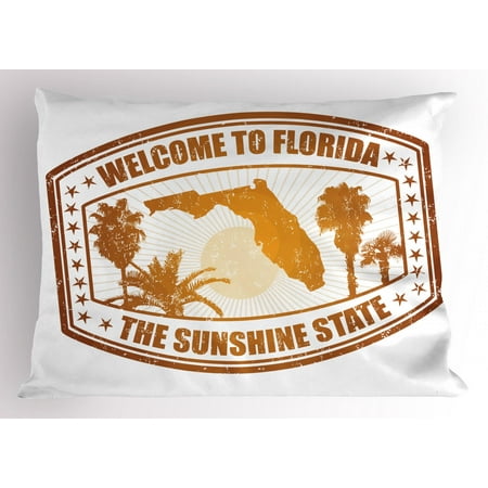 Florida Pillow Sham, The Sunshine State of America City Map Trees and Stars Travel Stamp, Decorative Standard Queen Size Printed Pillowcase, 30 X 20 Inches, Orange Ginger and White, by
