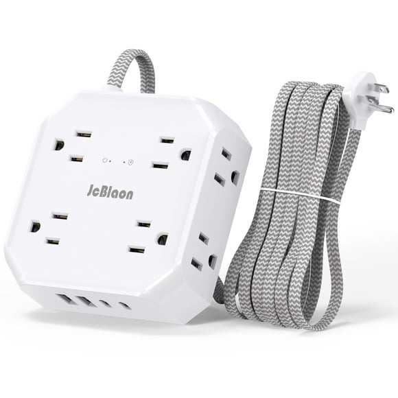Protector contra sobretensiones para regleta de alimentación: 8 tomacorrientes con 4 puertos de carga USB (2 USB C), adaptador de enchufe plano ultradelgado JcBlaon con cable de extensión trenzado de