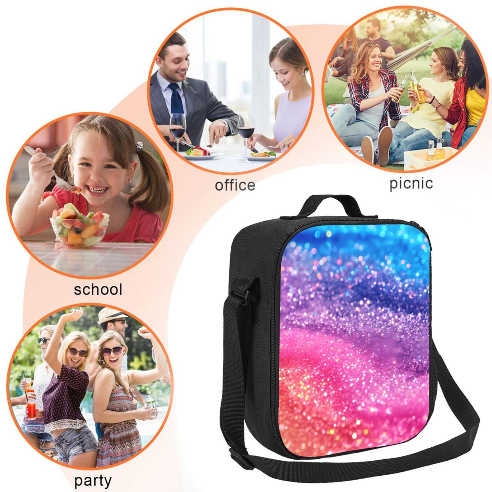 Xecao Rainbow Glitter Cute Print Lunch Bag - Durable, Double-Insulated Lunch Bag, Holds Lunch Box, Water Bottle, & Snacks,Leakproof Cooler Tote Bag