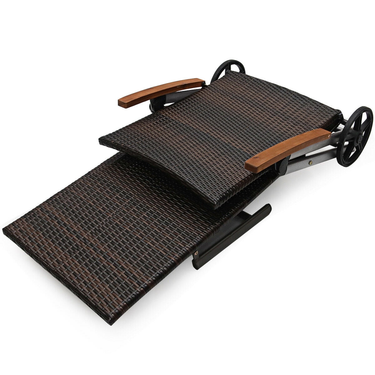 Gymax Fashion Folding Patio Rattan Lounge Chair Chaise Cushioned Aluminum Adjust Wheel