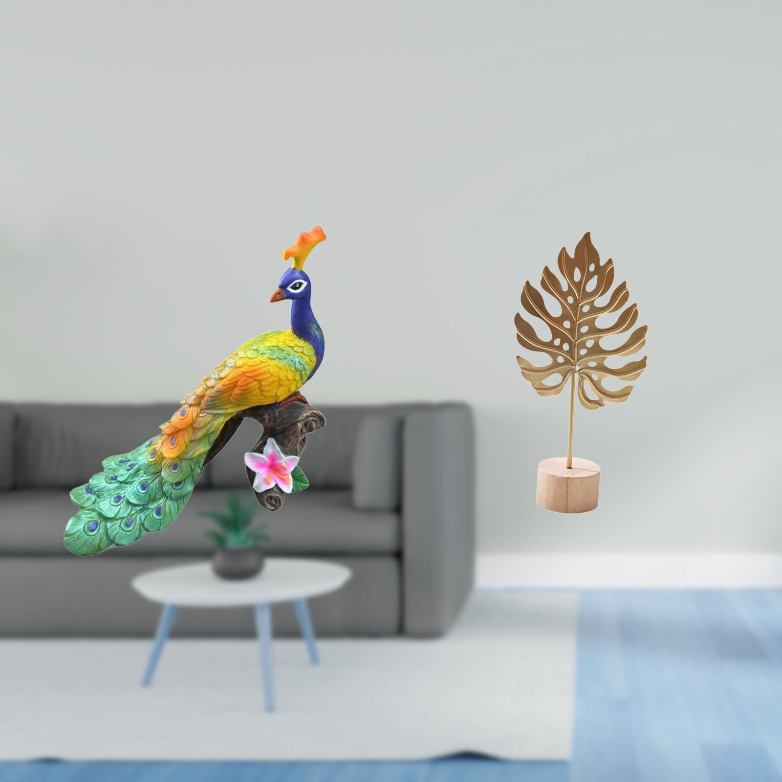 Peacock Statue Leaf Figurine Sculpture Iron Wood Material for Living Room Bedroom Garden Decoration