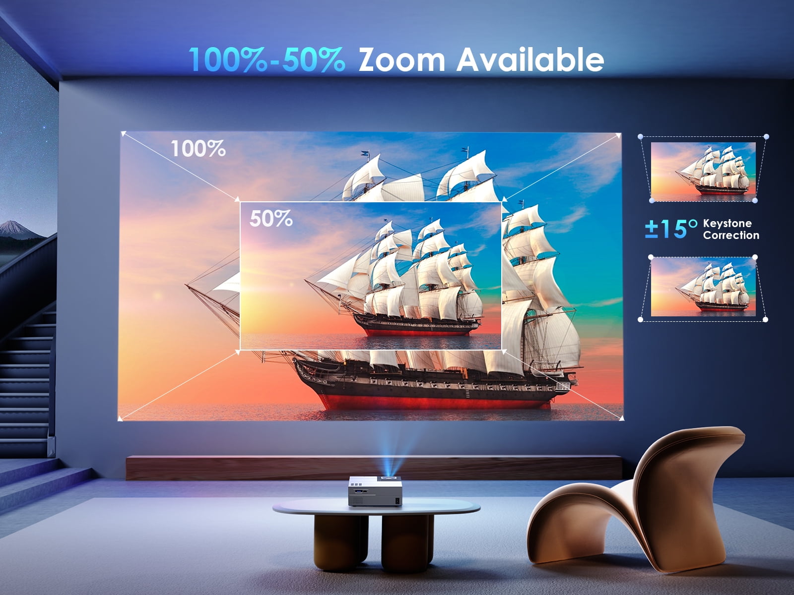 WiFi & Bluetooth 4K Projector, Full HD Native Movie Projector, Zoom Function & Keystone
