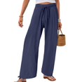 thumbnail image 6 of KPOPLK Ladies Pants with Pockets Linen Women Petite Length Loose Cotton Solid Trousers Pants Wide Leg Pants for Women for Beach Vacation Day to Night Everyday Wear Size L,Dark Blue, 6 of 6