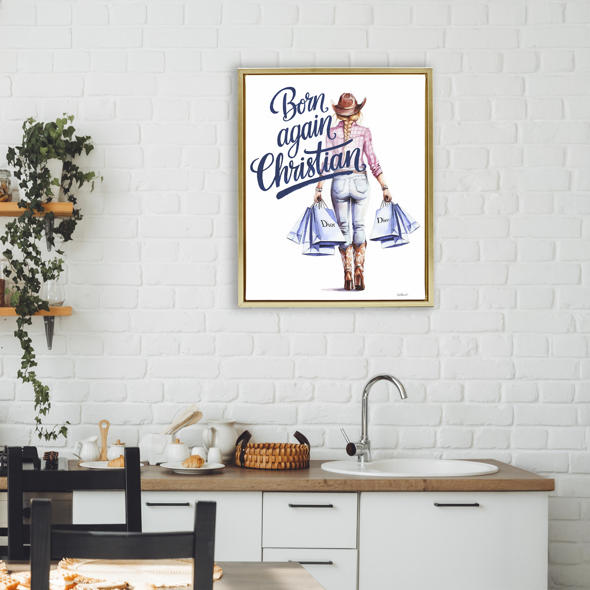 Born Again Christian Cowgirl Gold Framed Floater Canvas Wall Art, design by Amanda Greenwood
