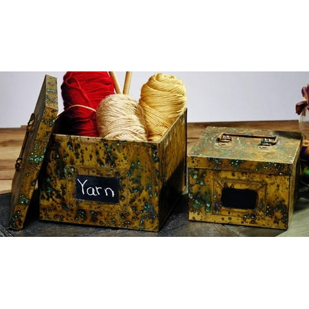 Antique Primitive Vintage Brass Gold Color Finish Metal Storage Boxes With Chalk Writing Area - Set Of 2 - Organizer Tin Decor Yarn Shelf Decor