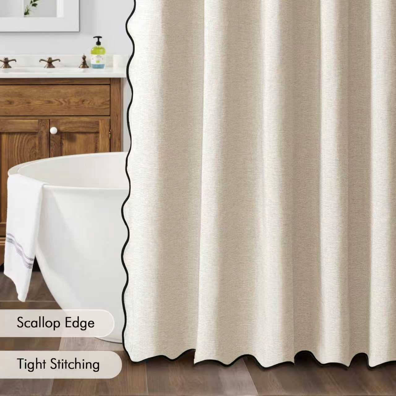 Beige Scalloped Shower Curtain Linen Textured Cute Heavy Duty Washable Waterproof Neutral Thick Cloth Shower Curtains with Black Border for Bathroom Bathtub,W72*L72 Cream