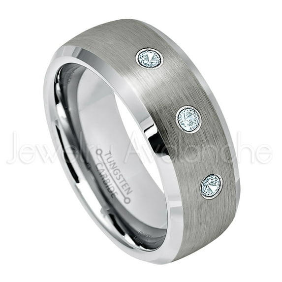 Personalized Tungsten Wedding Band - 0.21ctw Aquamarine 3-stone Band - 8mmSemi-Dome Beveled Edge Tungsten Ring - Custom Made March Birthstone Ring