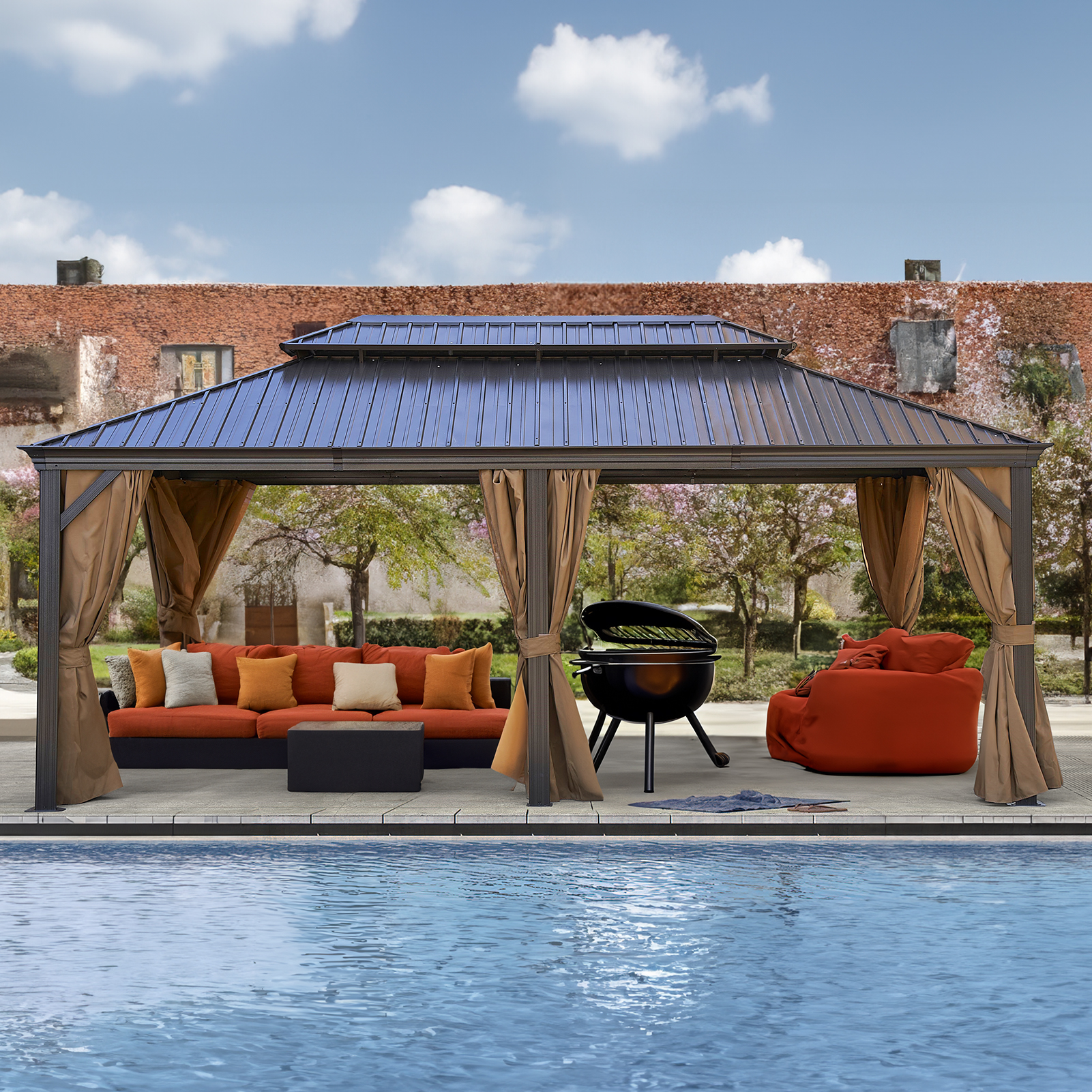 MEWANG 12'x 20'Outdoor Hardtop Gazebo, Double Roof Metal Canopy Gazebo with Aluminum Frame,Backyard Gazebo with Curtains and Nettings for Patios, Gardens, Parties.