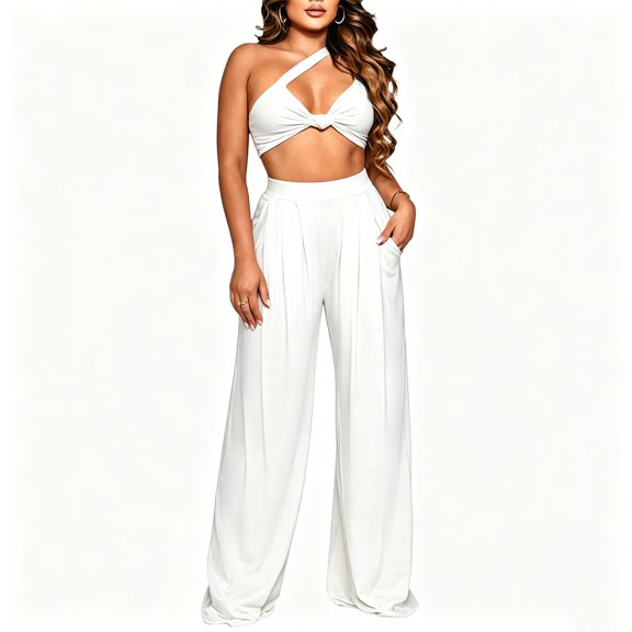 Karymi Summer Sets for Women Plus Size Women’s 2-Piece Outfit, One Shoulder Knot Front Crop Top   High Waist Wide Leg Pants, Solid Casual Set Workout Sets for Women