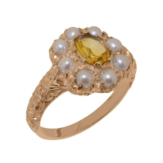 LBG British Made Solid 9k Rose Gold Natural Citrine & Cultured Pearl Womens Anniversary Ring - 33 size options - Size 12